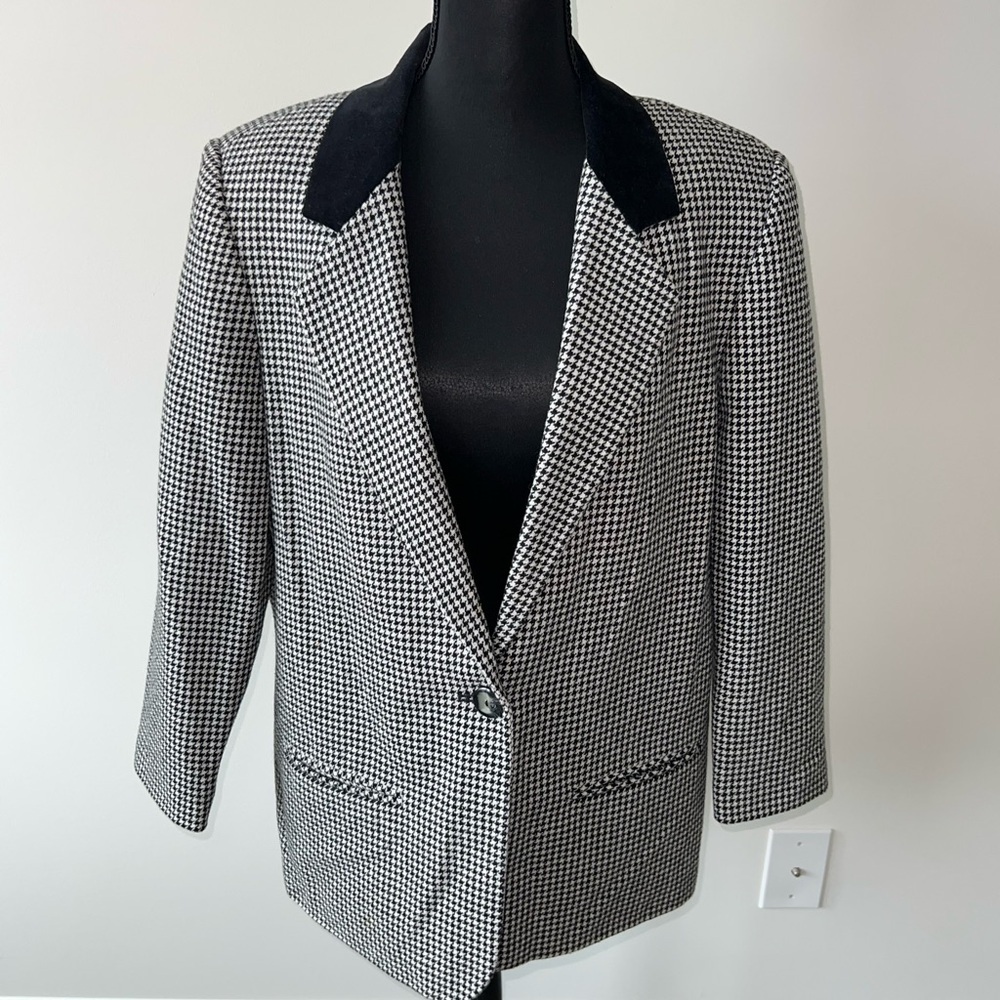 Sag Harbor Petites Black and White Houndstooth Blazer Suede Collar 12P